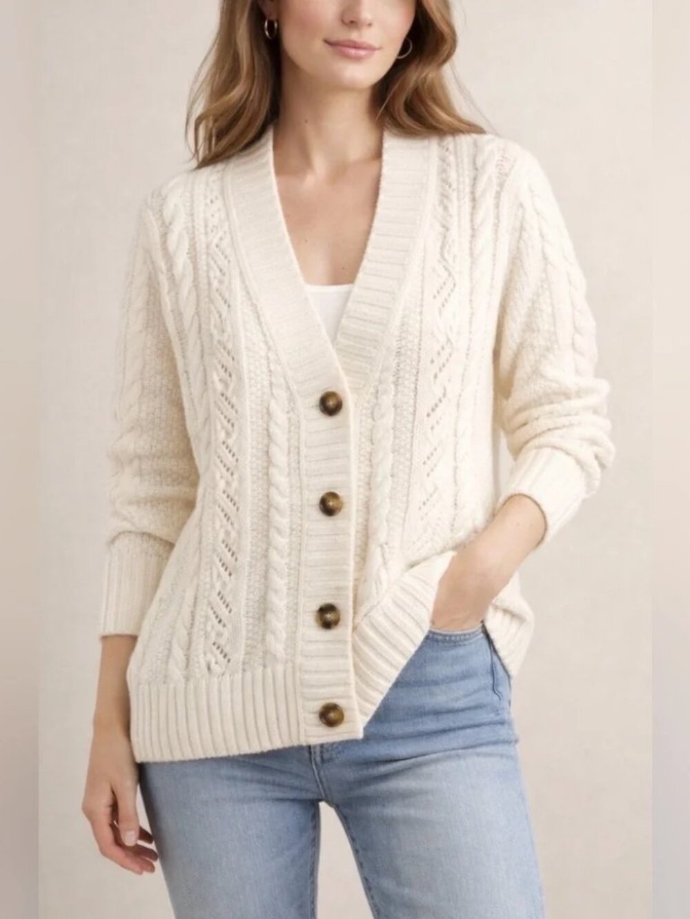 Ann Taylor V Neck Cardigan Cable Knit Pointelle Cream Ivory